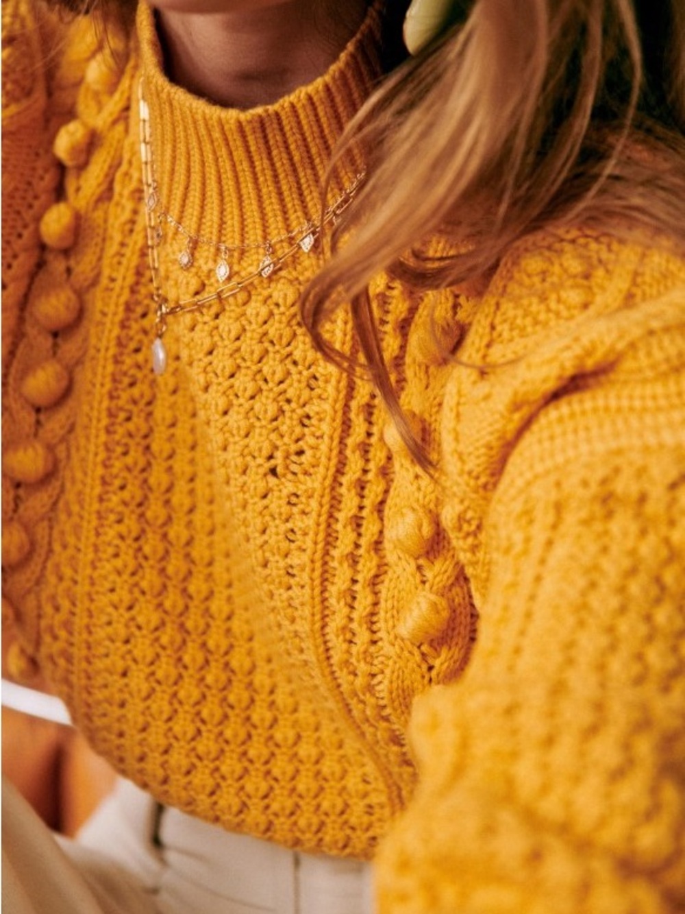 Sezane Amaury Cableknit Bobble Mustard Yellow High Neck Sweater Wool Blend - Picture 4 of 14